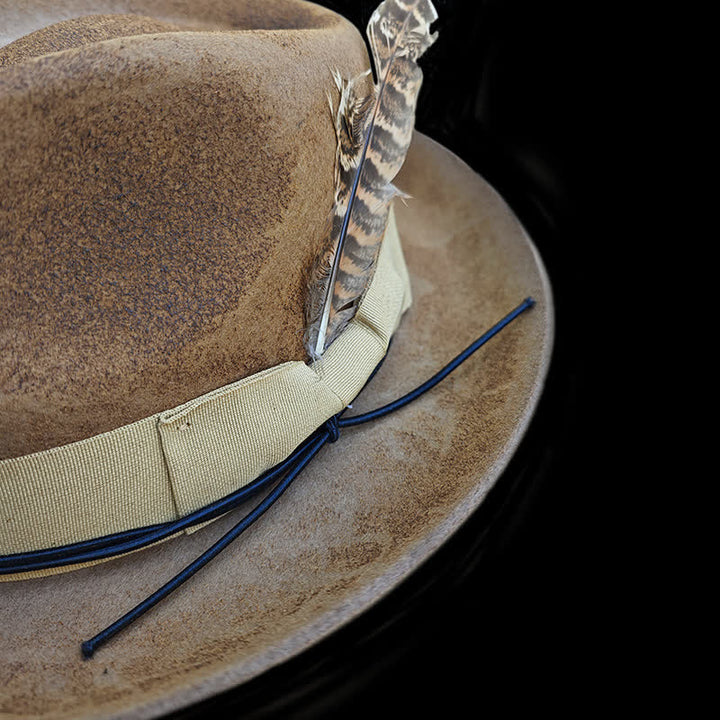 Camel Distressed Feather Decoration Felt Cowboy Hat