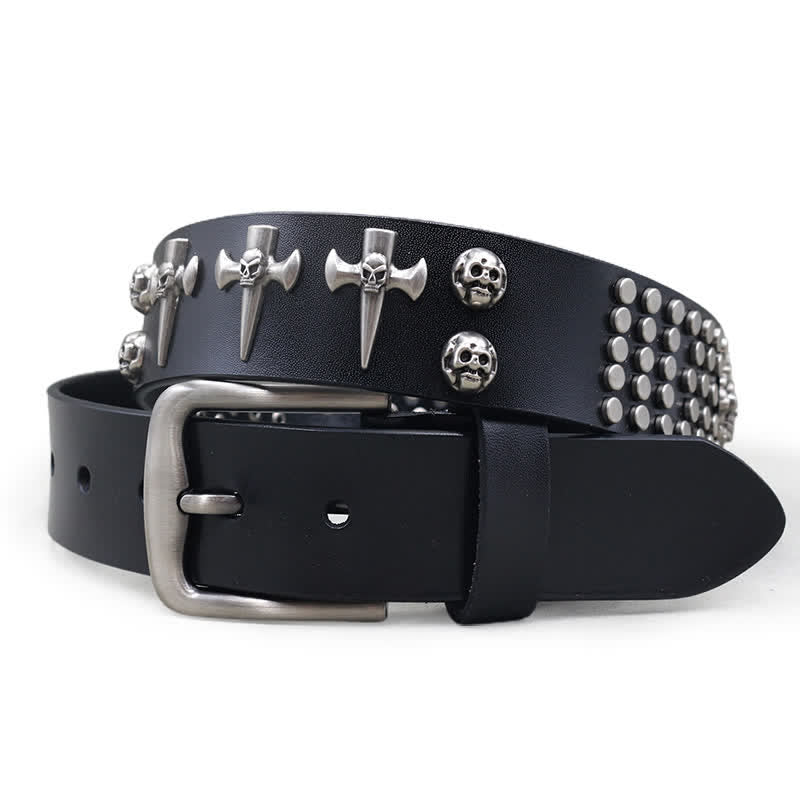 Cross & Skull 3 Row Punk Rock Studded Leather Belt - Black - 44 - image 0