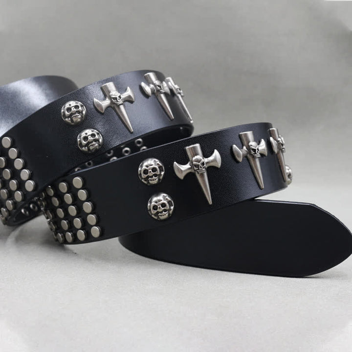 Cross & Skull 3 Row Punk Rock Studded Leather Belt