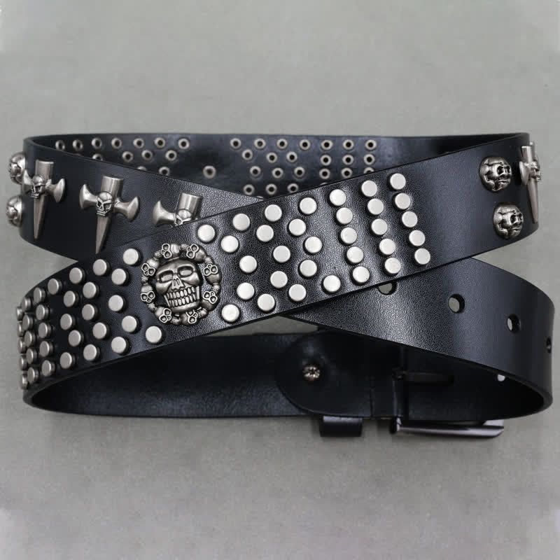 Cross & Skull 3 Row Punk Rock Studded Leather Belt - image 1
