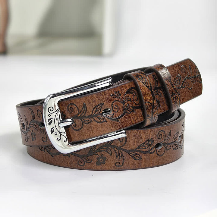 Women's Embossed Leaves Flowers Pattern Leather Belt