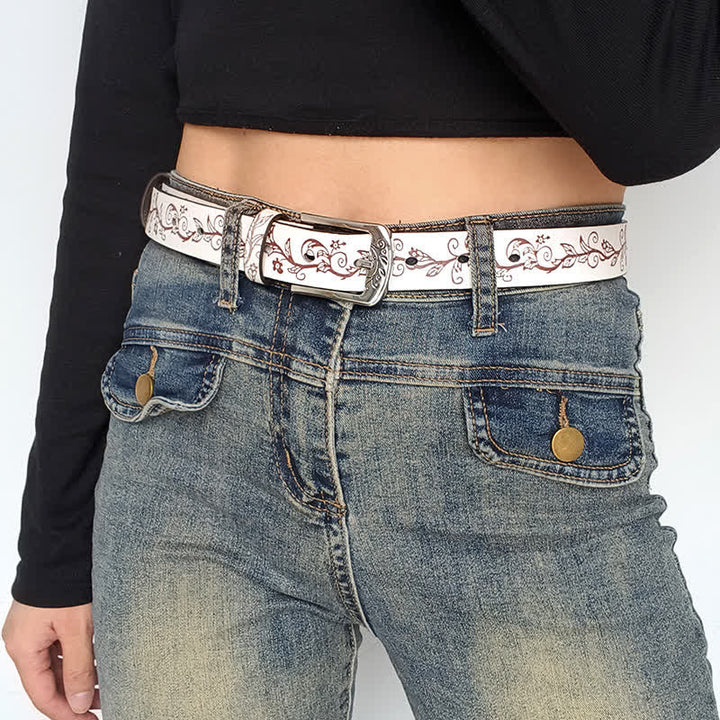 Women's Embossed Leaves Flowers Pattern Leather Belt