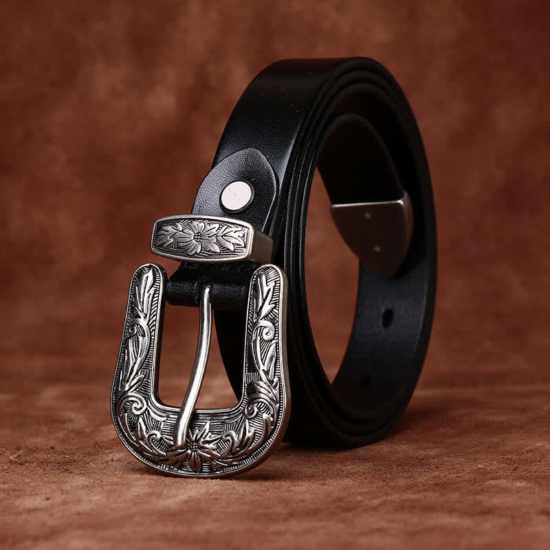 Retro Carved Buckle Western Style Narrow Leather Belt