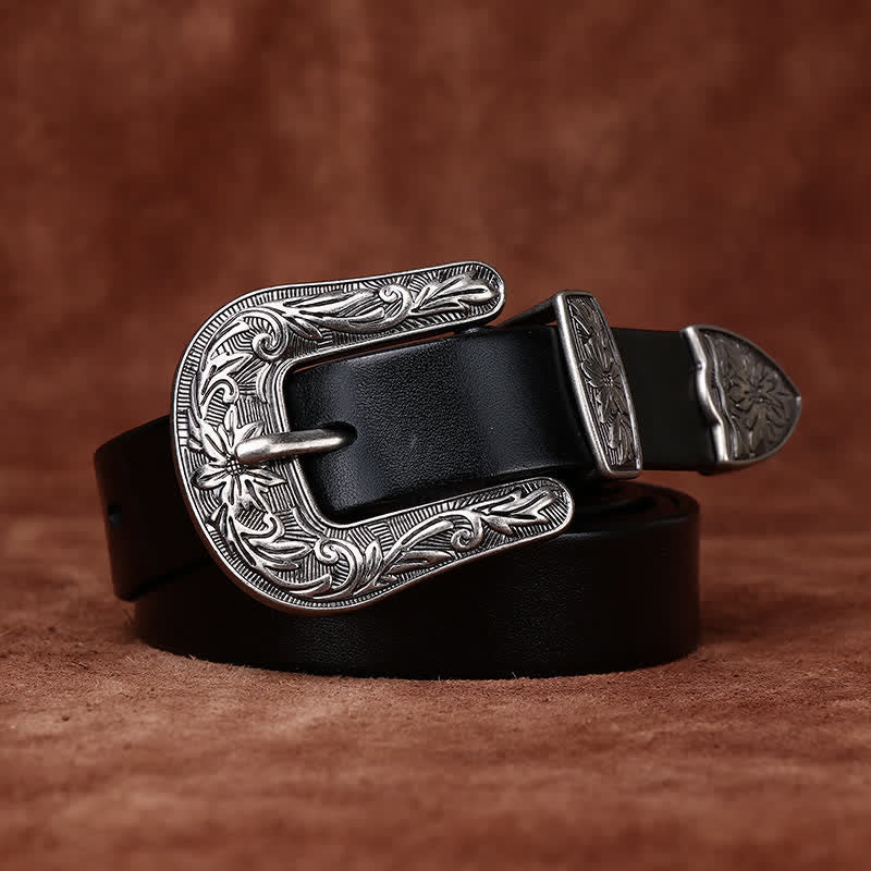 Retro Carved Buckle Western Style Narrow Leather Belt