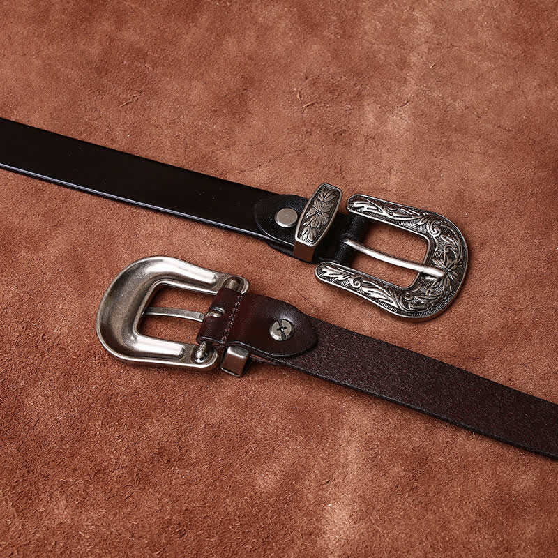 Retro Carved Buckle Western Style Narrow Leather Belt