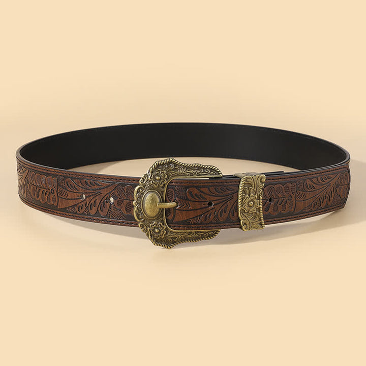 Bronze Carved Buckle Boho Floral Embossment Leather Belt