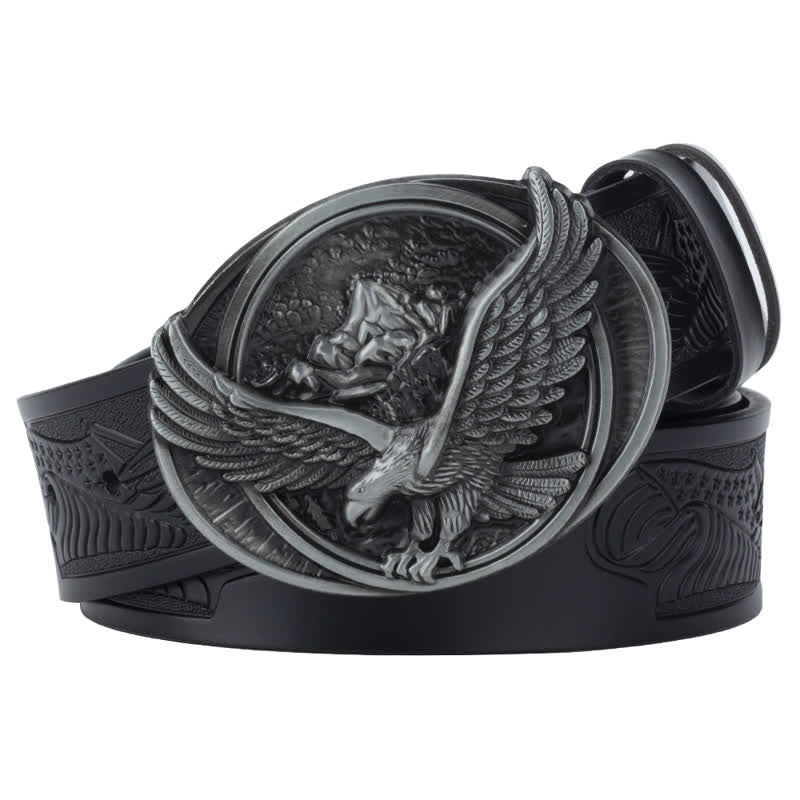 Men's Novelty Flying Eagle Buckle Carved Pattern Leather Belt - Black / Silver - 46 - image 12