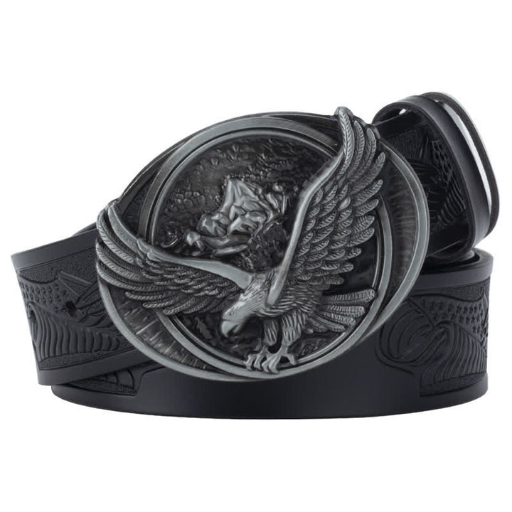 Men's Novelty Flying Eagle Buckle Carved Pattern Leather Belt - Black / Silver - 46 - image 12