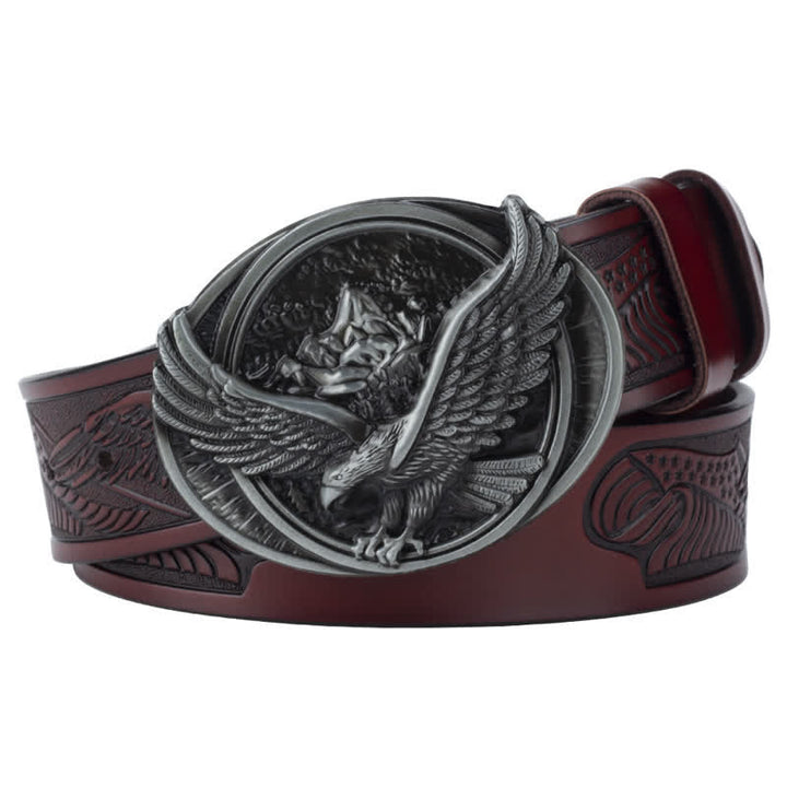 Men's Novelty Flying Eagle Buckle Carved Pattern Leather Belt - Reddish Brown / Silver - 46 - image 11