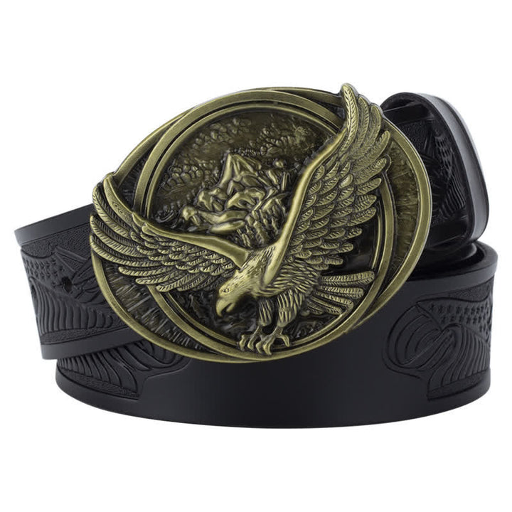 Men's Novelty Flying Eagle Buckle Carved Pattern Leather Belt - Black / Bronze - 46 - image 10