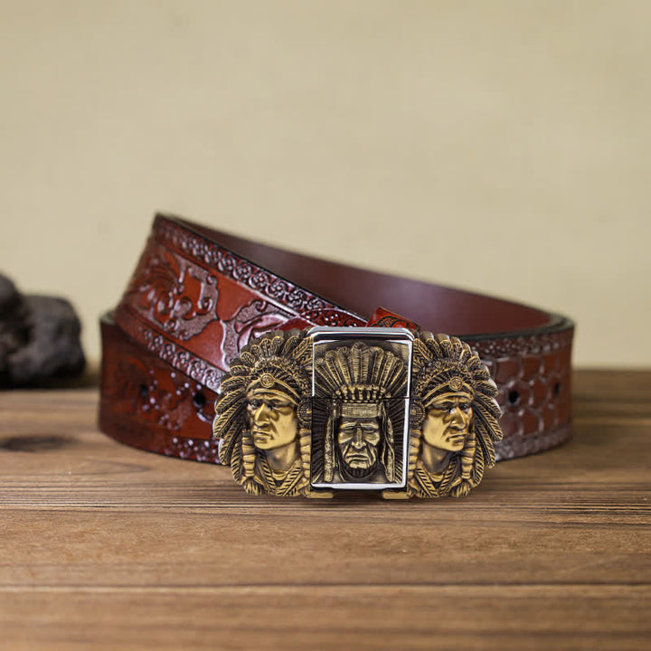 Men's DIY Indian Chief Head Leather Belt with Hidden Lighter