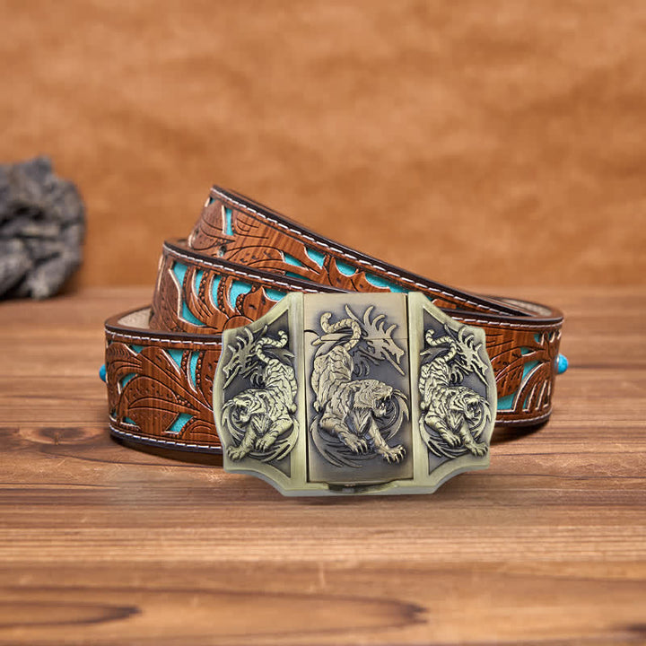 Men's DIY Bronze Triple Tiger Leather Belt with Hidden Lighter