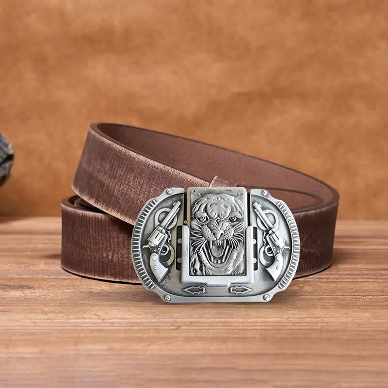 Men's DIY Silver Tiger Wildlife Leather Belt with Hidden Lighter