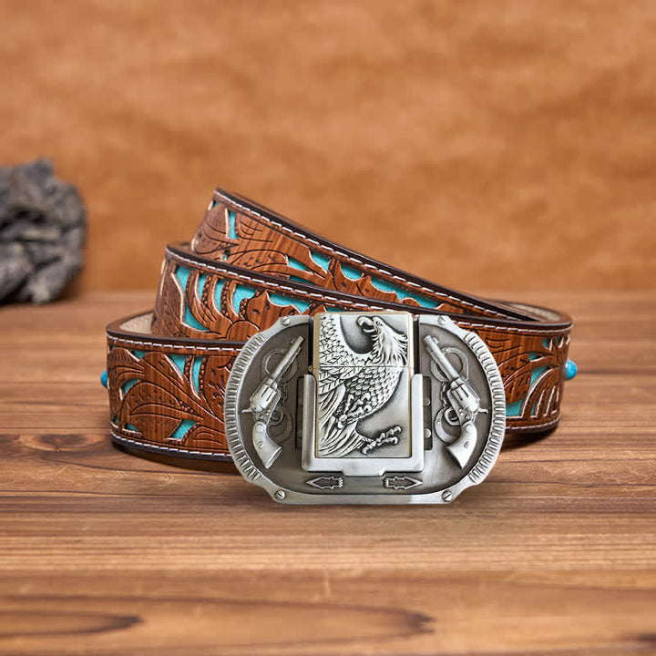 Men's DIY Silver Eagle Guns Leather Belt with Hidden Lighter