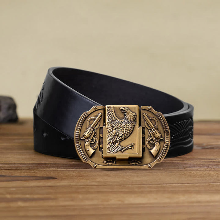 Men's DIY Bronze Eagle Guns Leather Belt with Hidden Lighter