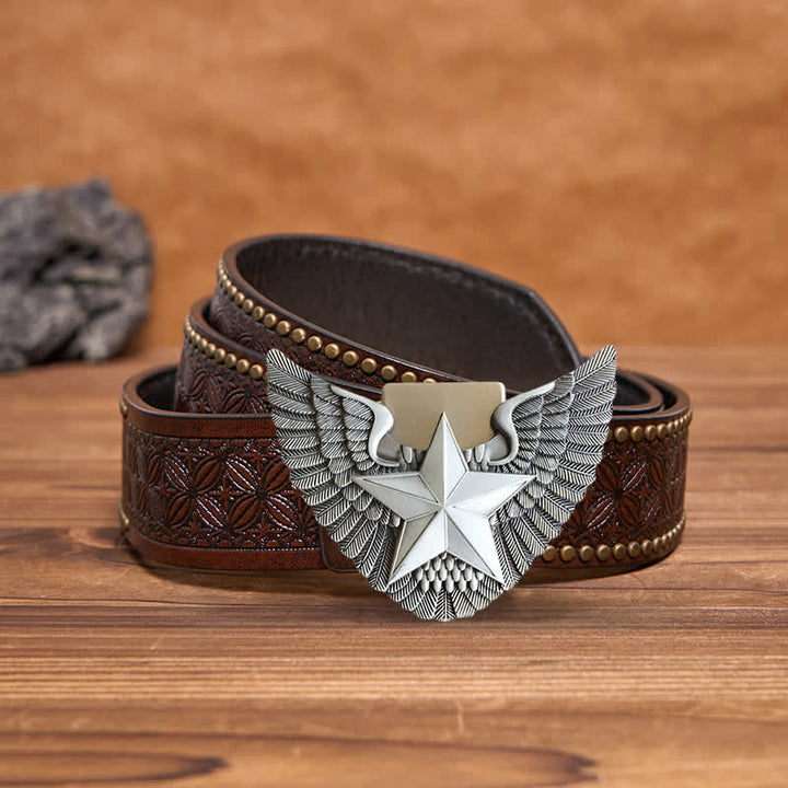 Men's DIY Angel Wing Star Leather Belt with Hidden Lighter