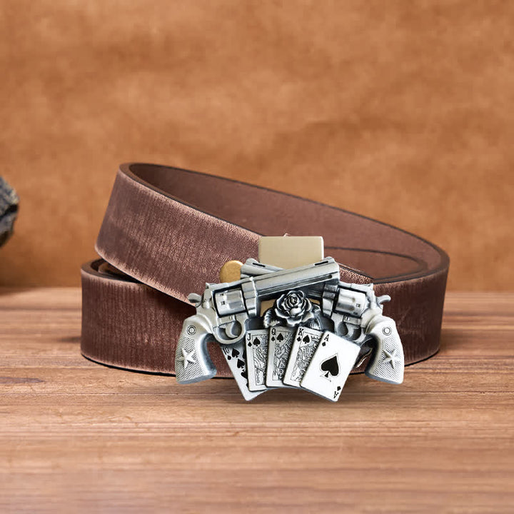 Men's DIY Double Pistol Poker Leather Belt with Hidden Lighter