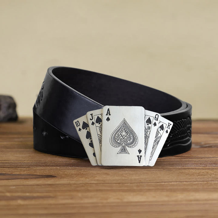 Men's DIY Silver Royal Flush Leather Belt with Hidden Lighter