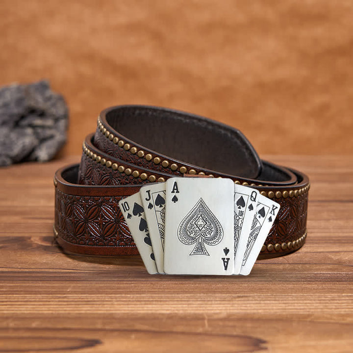 Men's DIY Silver Royal Flush Leather Belt with Hidden Lighter