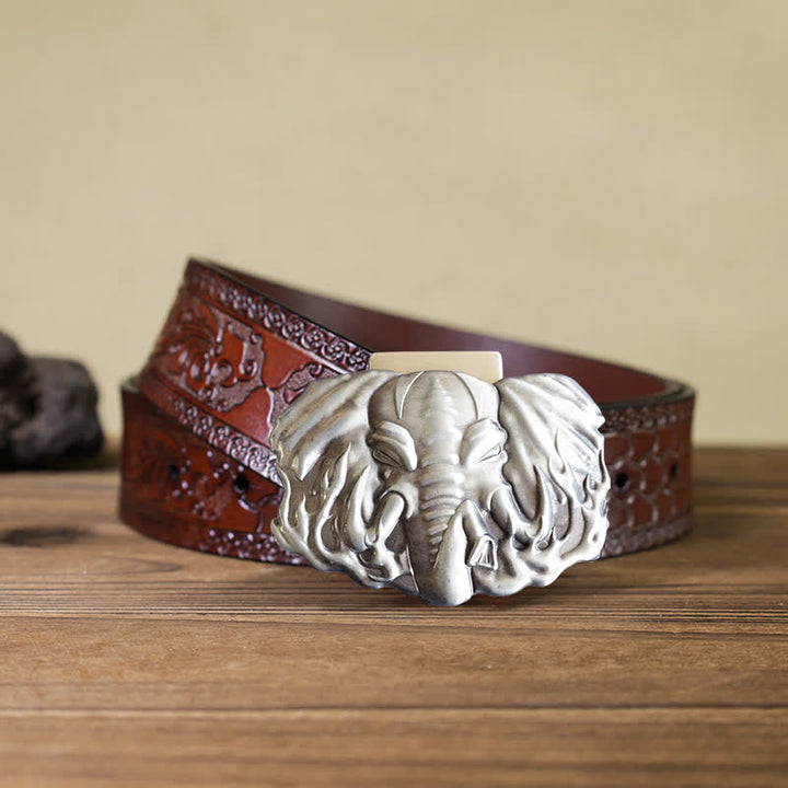 Men's DIY Silver Wildlife Elephant Leather Belt with Hidden Lighter