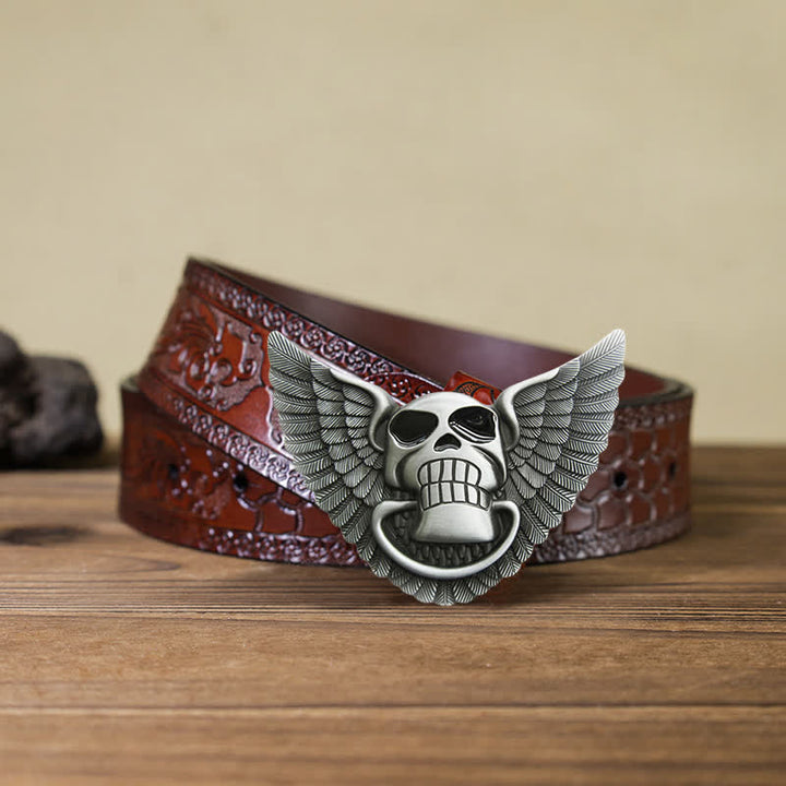 Men's DIY Skull Angel Wings Leather Belt with Hidden Lighter