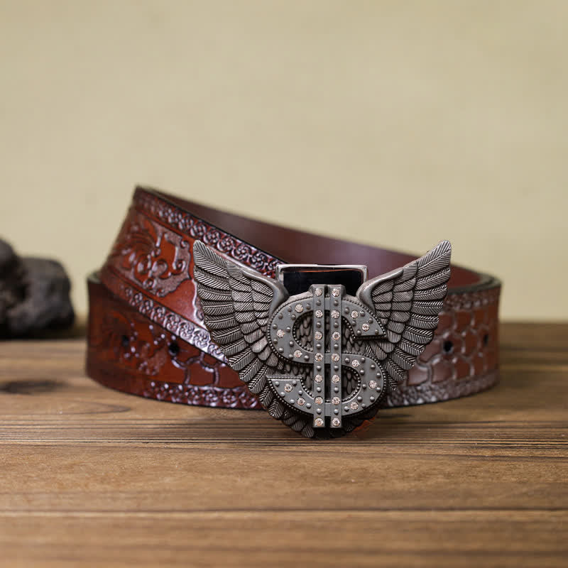 Men's DIY Wings Dollar Sign Leather Belt with Hidden Lighter