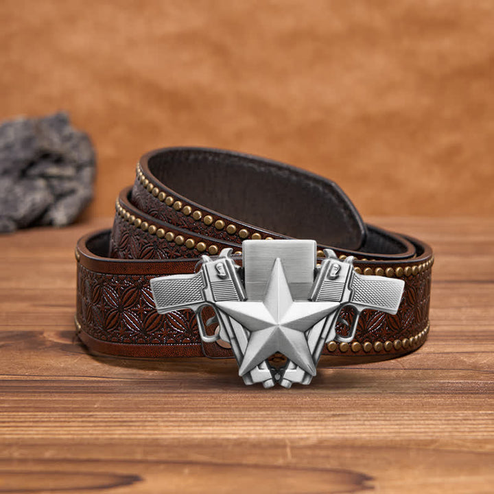 Men's DIY Dual Pistols & Star Leather Belt with Hidden Lighter