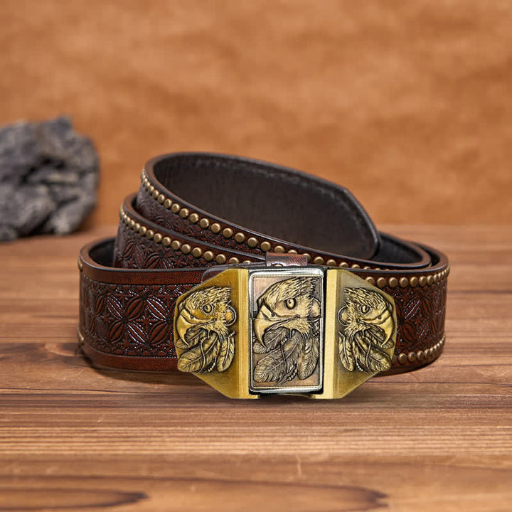 Men's DIY Bronze Triple Eagle Leather Belt with Hidden Lighter