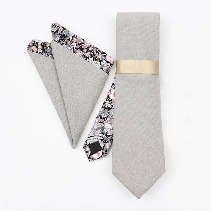 2Pcs Men's Pale Gray Cotton Patchwork Floral Necktie Set