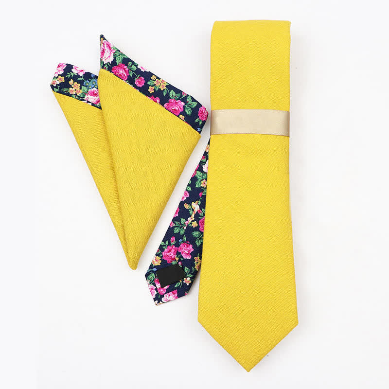 2Pcs Men's Marigold Yellow Cotton Patchwork Floral Necktie Set