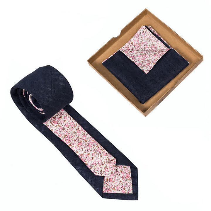 2Pcs Men's Dark Navy Cotton Patchwork Floral Necktie Set