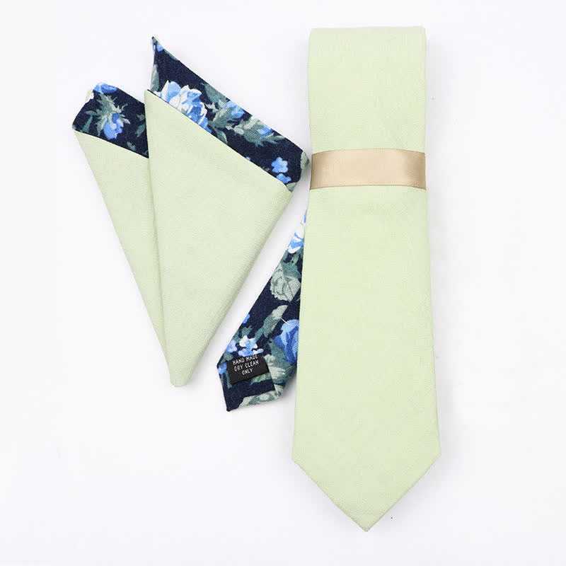 2Pcs Men's Light Green Cotton Patchwork Floral Necktie Set