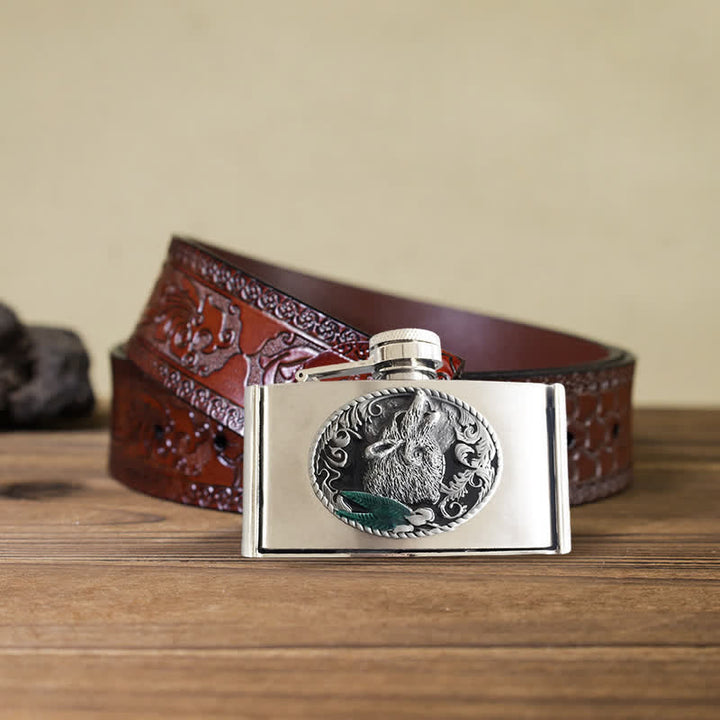 Men's DIY 3oz. Howling Wolf Leather Belt with Hidden Flask