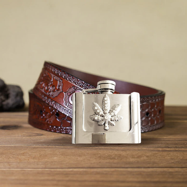 Men's DIY 2oz. Maple Leaf Rhinestone Leather Belt with Hidden Flask