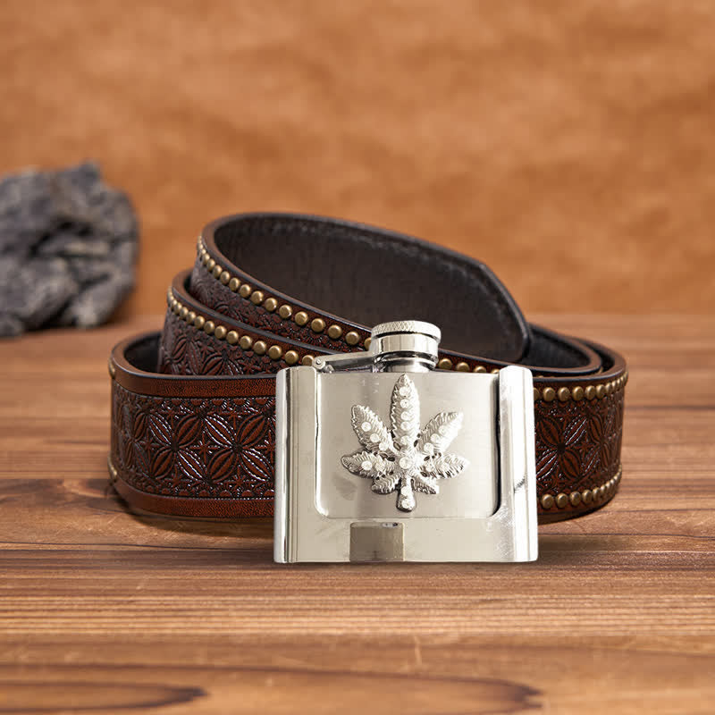 Men's DIY 2oz. Maple Leaf Rhinestone Leather Belt with Hidden Flask