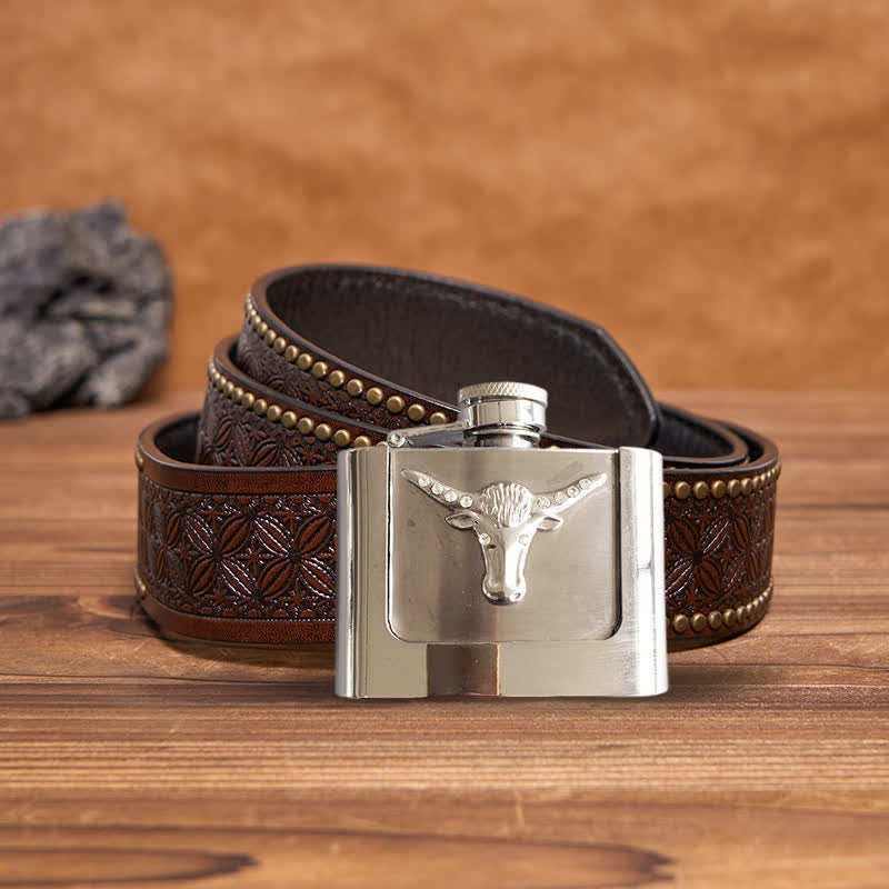 Men's DIY 2oz. Bull Head Leather Belt with Hidden Flask