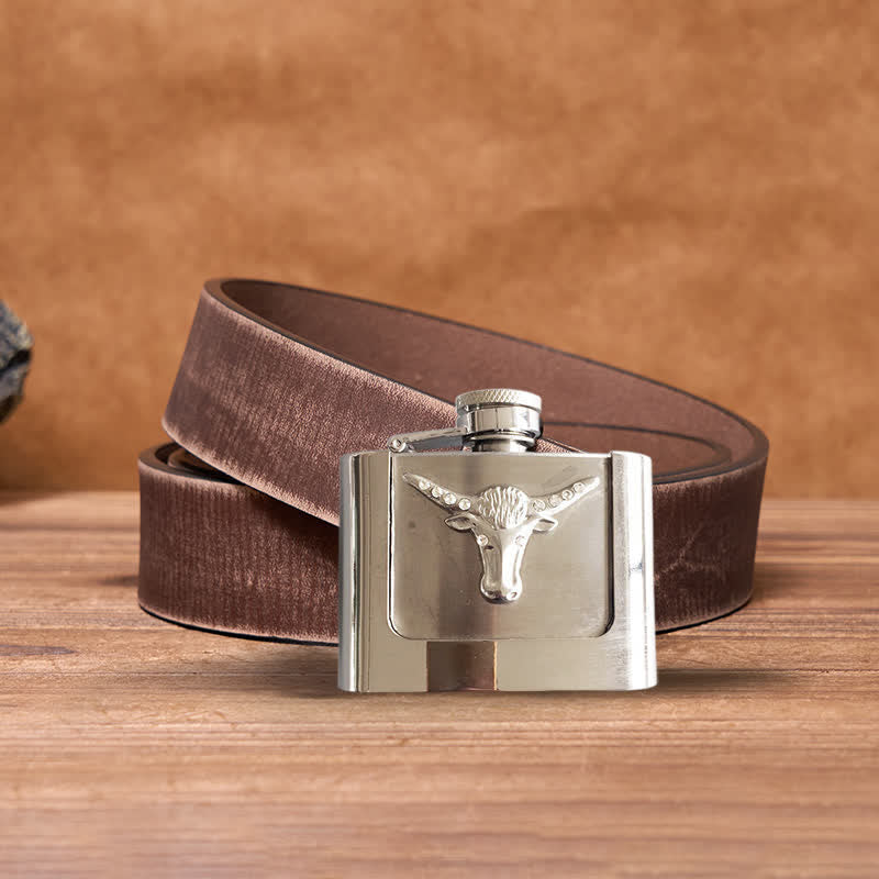 Men's DIY 2oz. Bull Head Leather Belt with Hidden Flask