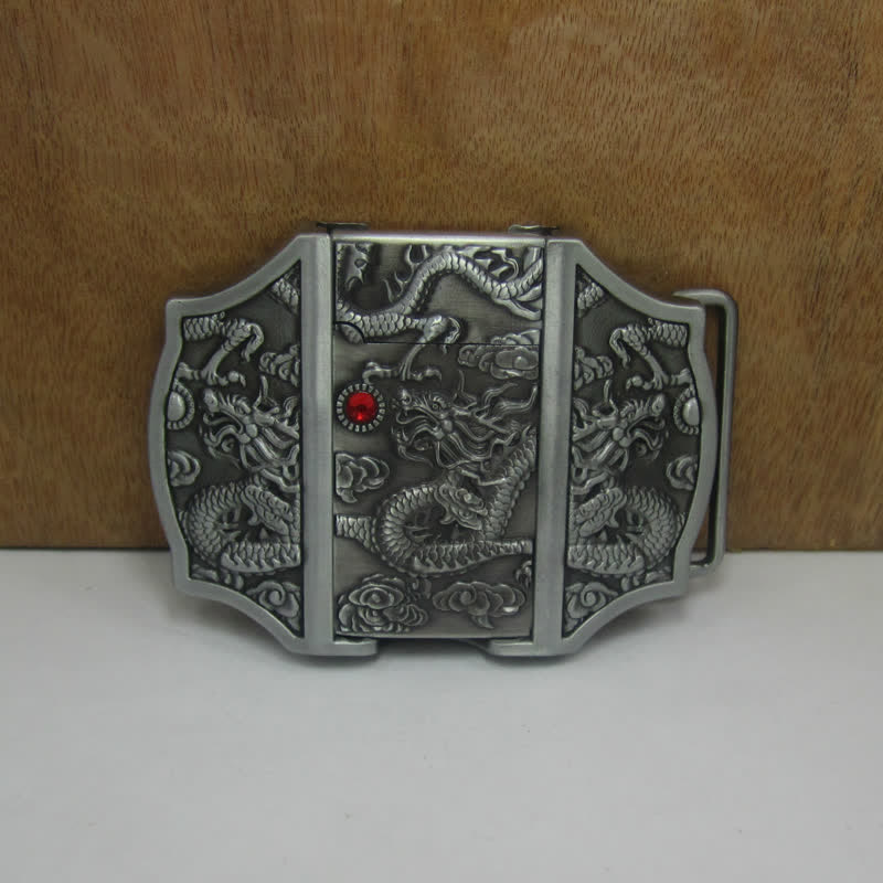 Men's DIY Antique Silver Dragon Leather Belt with Hidden Lighter