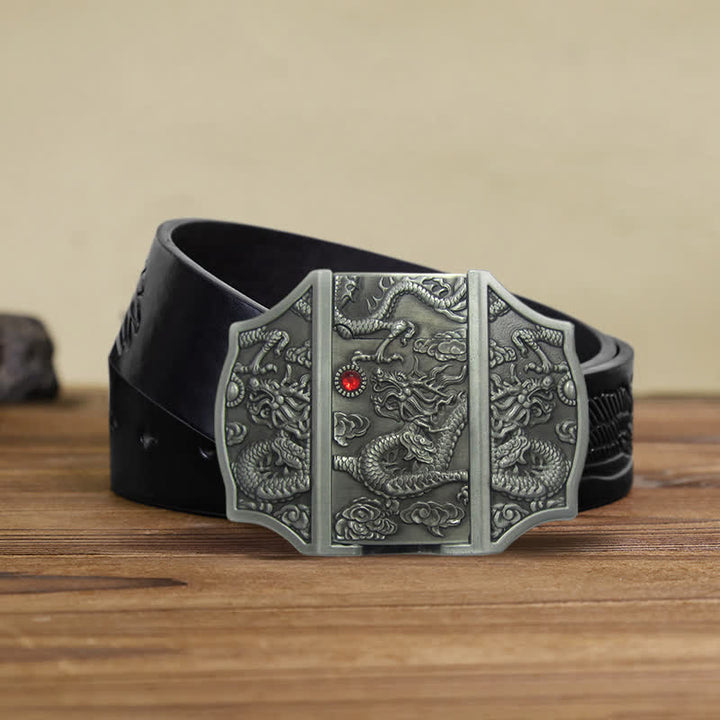 Men's DIY Antique Silver Dragon Leather Belt with Hidden Lighter