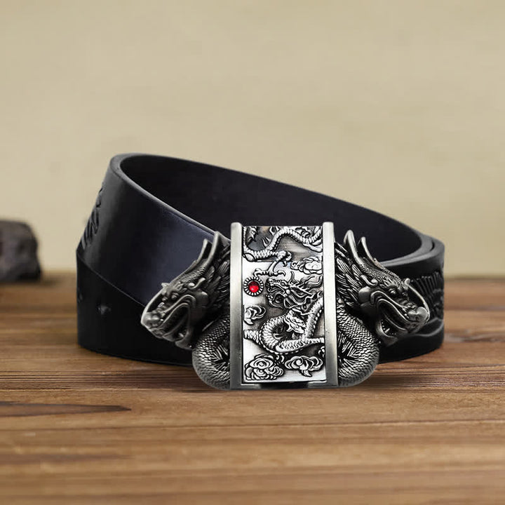 Men's DIY Antique Silver Dual Dragon Leather Belt with Hidden Lighter