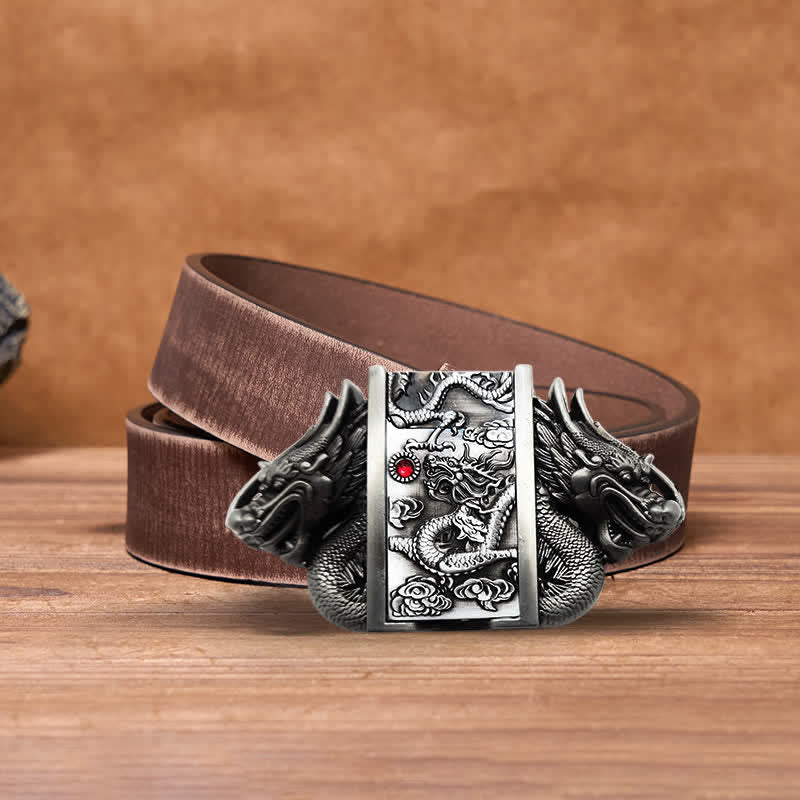 Men's DIY Antique Silver Dual Dragon Leather Belt with Hidden Lighter - Dragon - Brown Distressed Belt - 42 - image 12