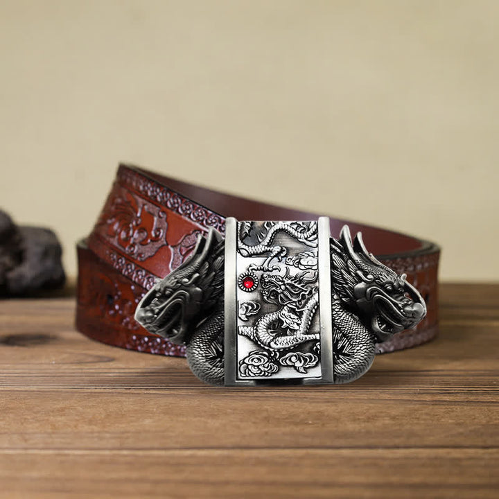Men's DIY Antique Silver Dual Dragon Leather Belt with Hidden Lighter - Dragon - Brown Carved Belt - 42 - image 14