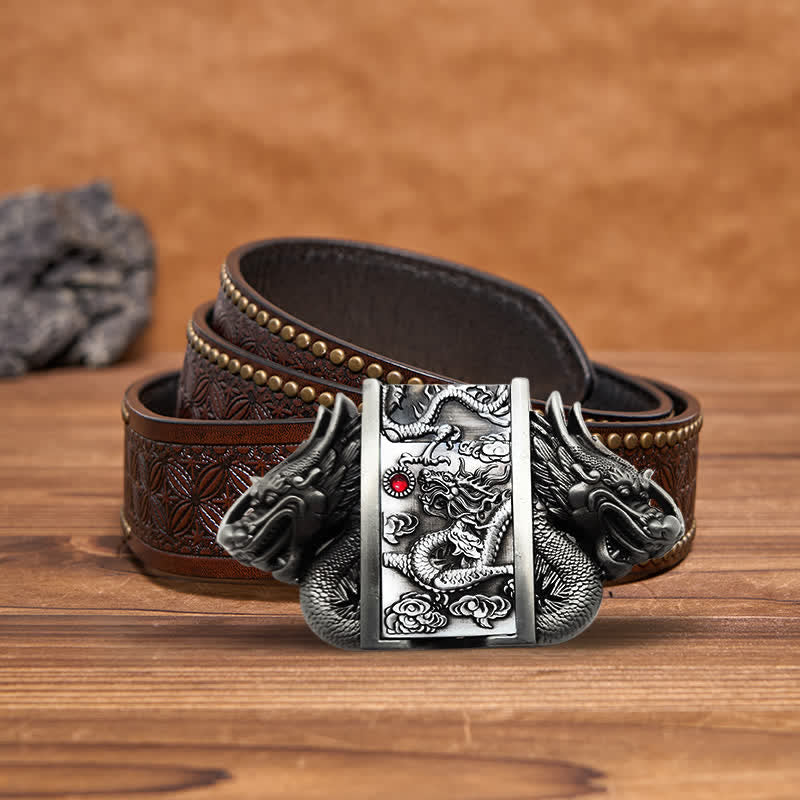 Men's DIY Antique Silver Dual Dragon Leather Belt with Hidden Lighter - Dragon - Brown Rivet Belt - 42 - image 10