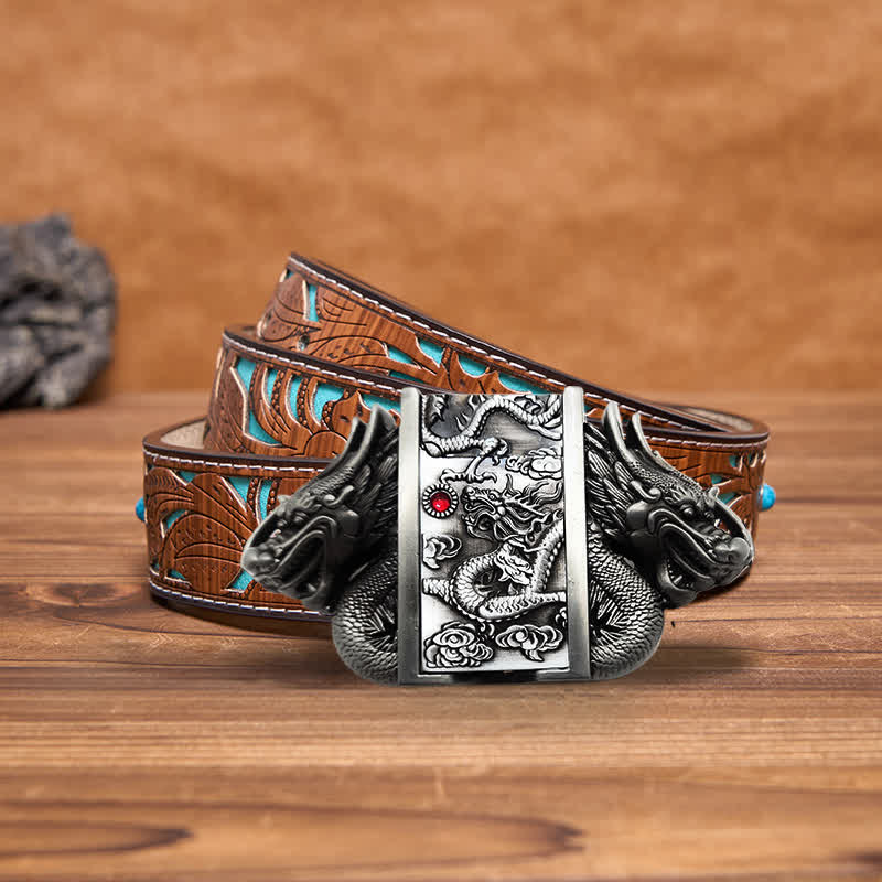 Men's DIY Antique Silver Dual Dragon Leather Belt with Hidden Lighter - image 9