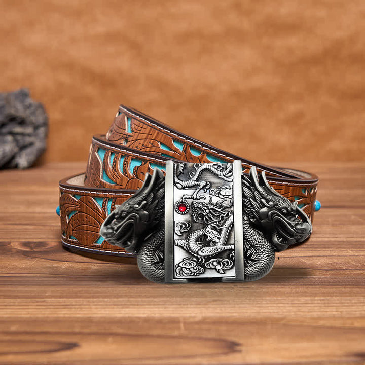 Men's DIY Antique Silver Dual Dragon Leather Belt with Hidden Lighter - image 9