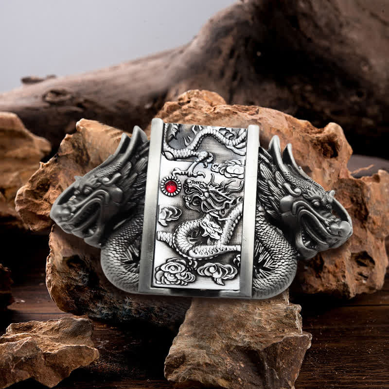 Men's DIY Antique Silver Dual Dragon Leather Belt with Hidden Lighter - image 1