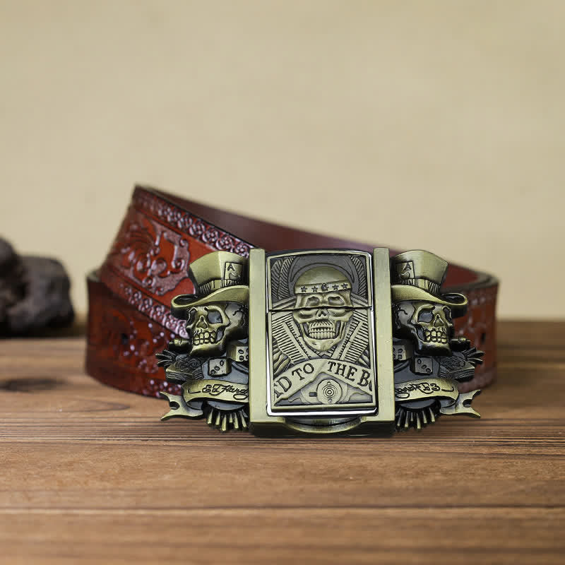 Men's DIY Triple Joker Skulls Bronze Leather Belt with Hidden Lighter