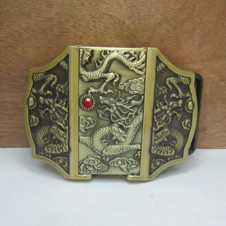 Men's DIY Bronze Dragon Leather Belt with Hidden Lighter