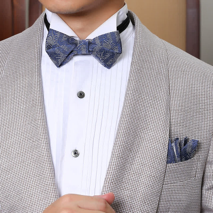 Men's Blue Series Flower Herringbone Pattern Denim Bow Tie