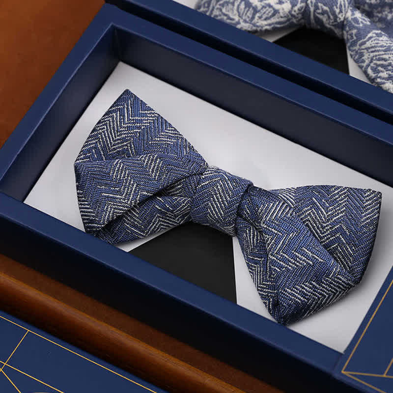 Men's Blue Series Flower Herringbone Pattern Denim Bow Tie